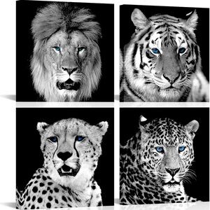 Pieces Black and White Wild Animal Canvas Wall Art Tiger Lion Cheetah with Blue